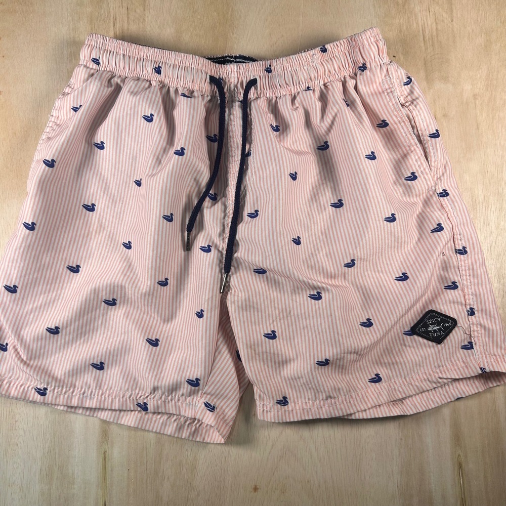 Spicy Tuna Mens Pink Striped Duck Print Swim Trunks Medium Mesh Lined Drawstring
